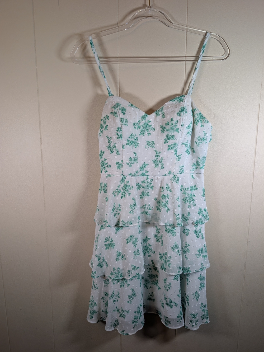 Byer California Floral Tiered Mini Dress S White Green Swiss Dot Cottagecore